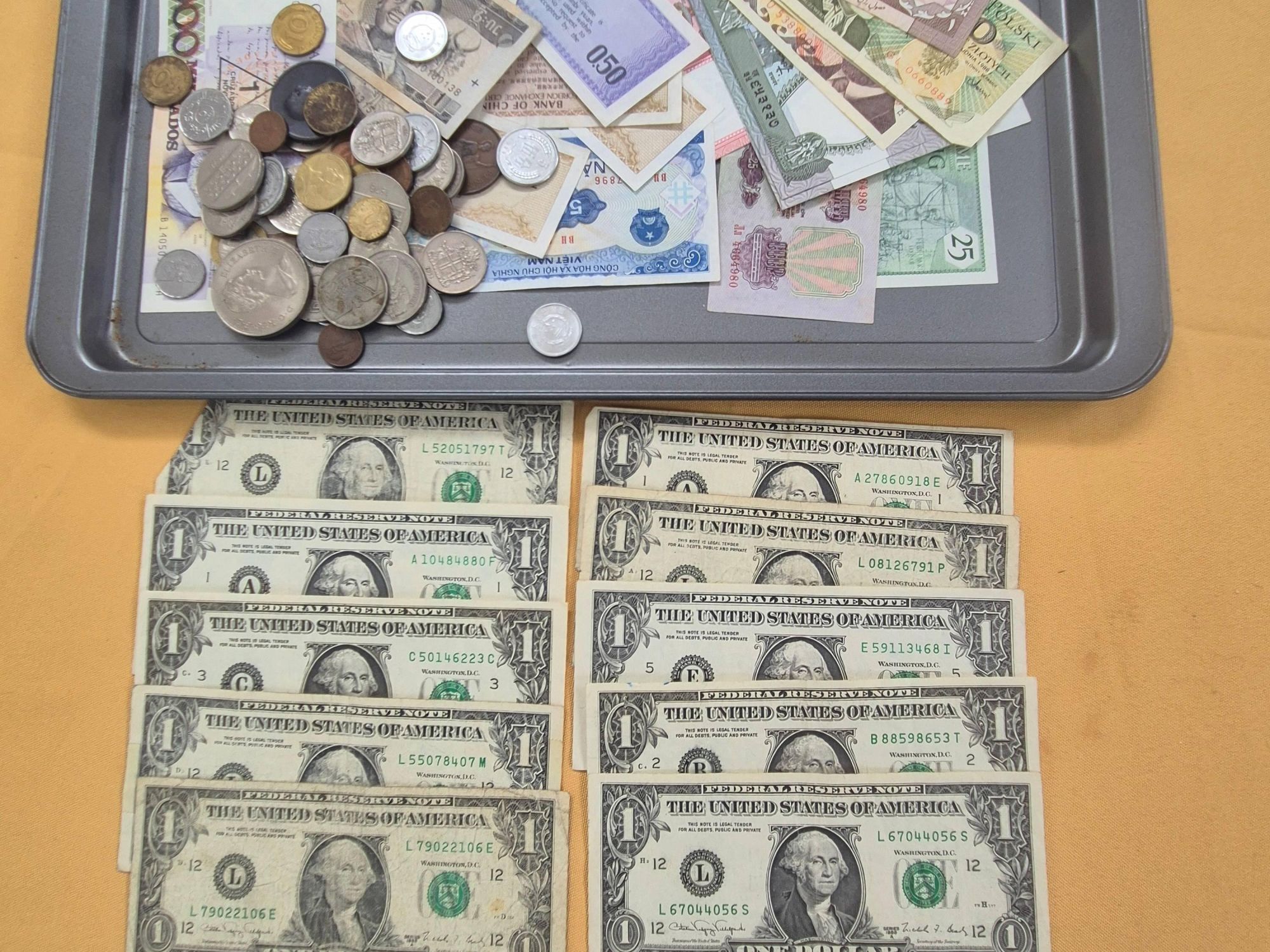 Used world bank notes, coins, etc